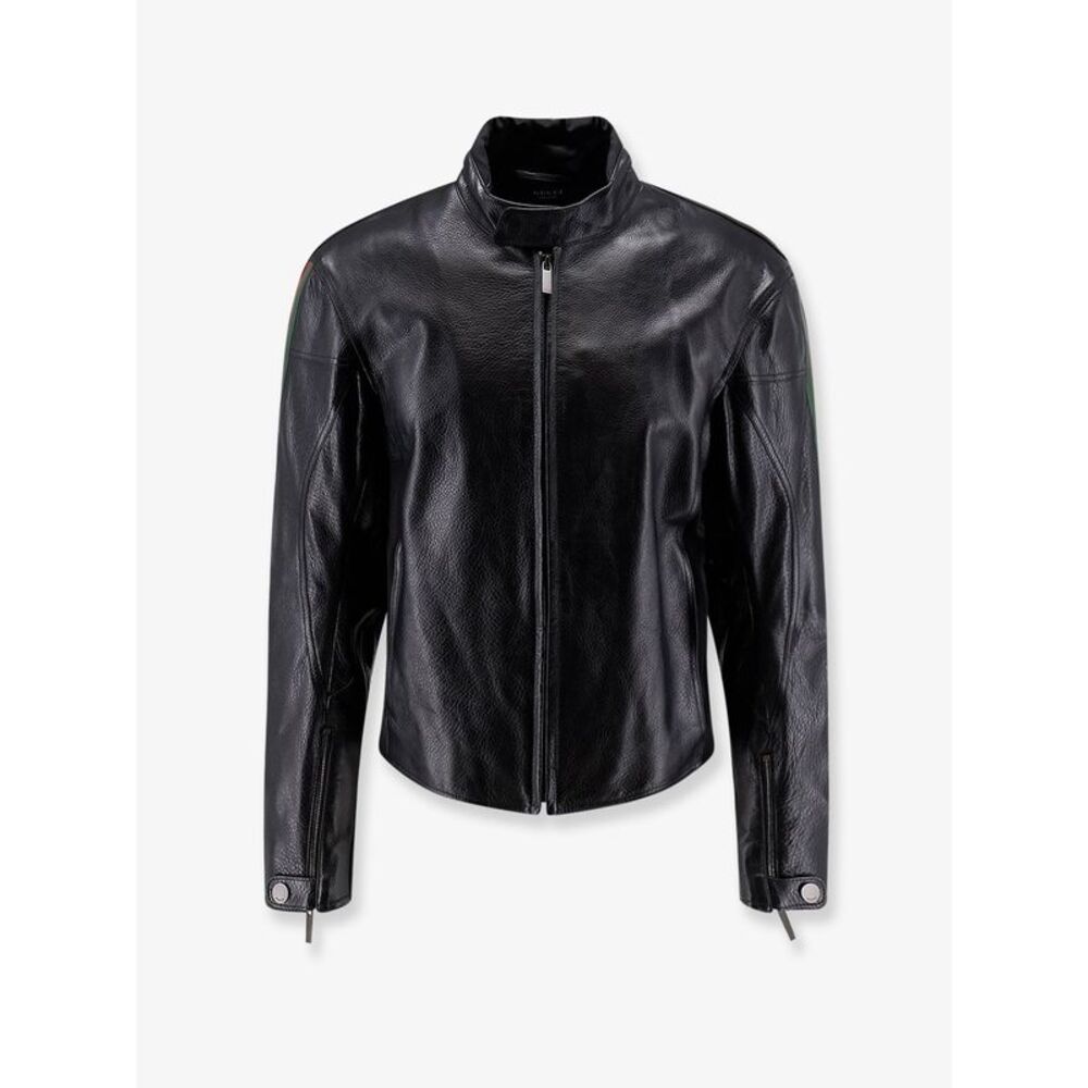 Gucci Men Leather Bomber With Web Details